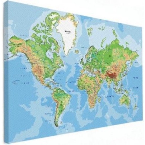 Wereldkaart Aardrijkskundig Origineel - Canvas 80x60