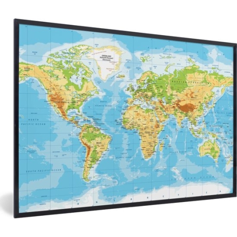 Fotolijst incl. Poster - Wereldkaart - Staatkundig - Blauw - Aarde - Educatief - 120x80 cm - Posterlijst