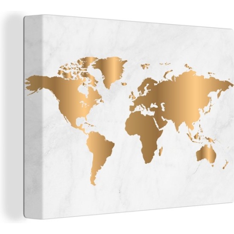 Canvas Schilderij Wereldkaart - Marmer - Goud - Glans - Schilderijen op canvas - 120x90 - Wanddecoratie