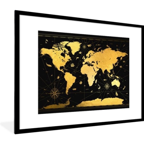 Fotolijst incl. Poster - Wereldkaart - Luxe - Goud - 80x60 cm - Posterlijst