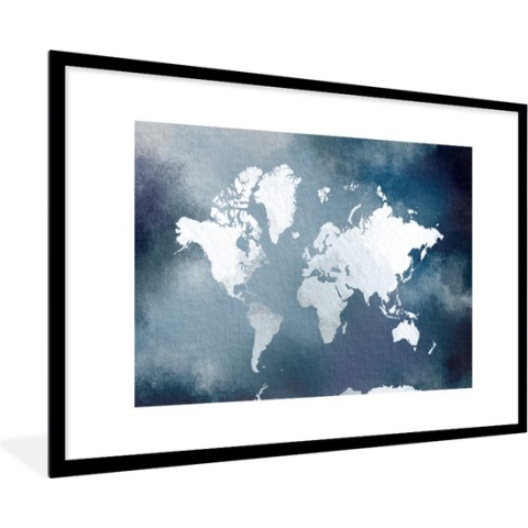 Fotolijst incl. Poster - Wereldkaart - Aquarel - Blauw - 90x60 cm - Posterlijst