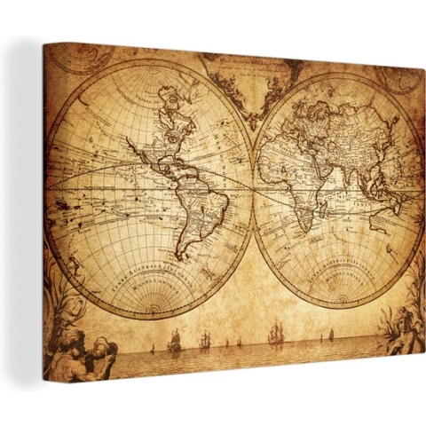 Canvas Wereldkaart - 180x120 - Wanddecoratie Wereldkaart - Antiek - Vintage - Kindje - Jongetje - Meisje