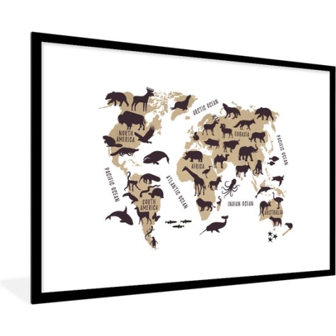 Fotolijst incl. Poster - Wereldkaart - Bruin - Dieren - 90x60 cm - Posterlijst