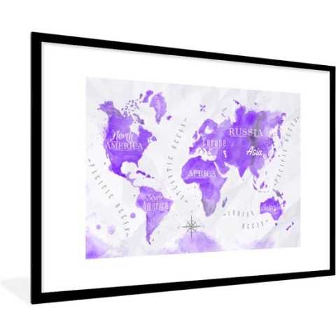Fotolijst incl. Poster - Wereldkaart - Olieverf - Paars - 90x60 cm - Posterlijst