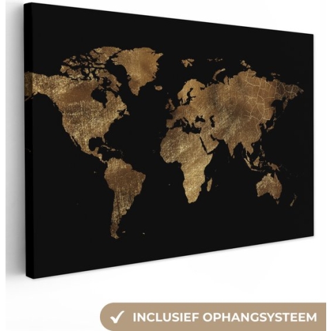 Canvas Wereldkaart - 120x80 - Wanddecoratie Wereldkaart - Goud - Luxe - Aarde - Zwart