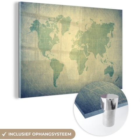 MuchoWow® Glasschilderij - Wereldkaart - Wereldbol - Groen - Kids - Jongens - Meid - 150x100 cm - Acrylglas Schilderijen - Foto op Glas