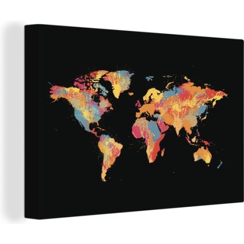 Canvas Wereldkaart - 120x80 - Wanddecoratie Wereldkaart - Spetters - Kleuren