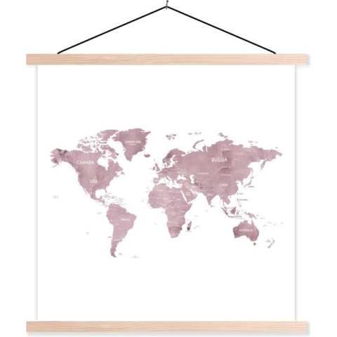 Posterhanger incl. Poster - Schoolplaat - Wereldkaart - Wit - Marmer - 120x120 cm - Blanke latten
