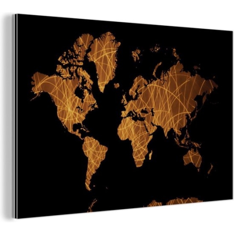 Wanddecoratie Metaal - Aluminium Schilderij Industrieel - Wereldkaart - Zwart - Goud - 120x80 cm - Dibond - Foto op aluminium - Industriële muurdecoratie - Voor de woonkamer/slaapkamer