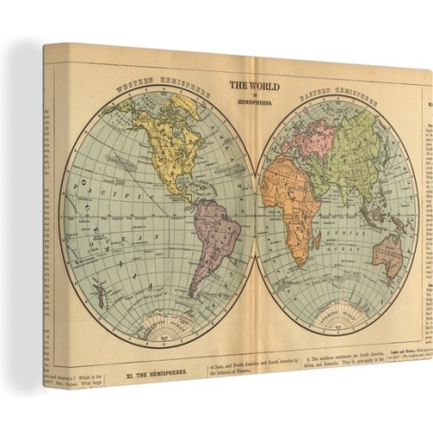 Canvas Wereldkaart - 120x80 - Wanddecoratie Antieke wereldkaart westelijk en oostelijk halfrond
