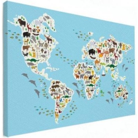 Wereldkaart Dieren Van De Wereld - Canvas 60x40