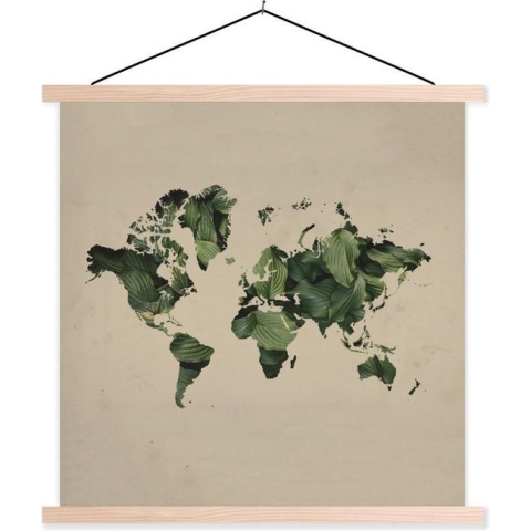 Posterhanger incl. Poster - Schoolplaat - Wereldkaart - Planten - Patroon - 120x120 cm - Blanke latten