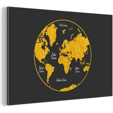 Wanddecoratie Metaal - Aluminium Schilderij Industrieel - Wereldkaart - Cirkel - Goud - 150x100 cm - Dibond - Foto op aluminium - Industriële muurdecoratie - Voor de woonkamer/slaapkamer