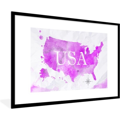 Fotolijst incl. Poster - Wereldkaart - Roze - Verenigde Staten - 120x80 cm - Posterlijst