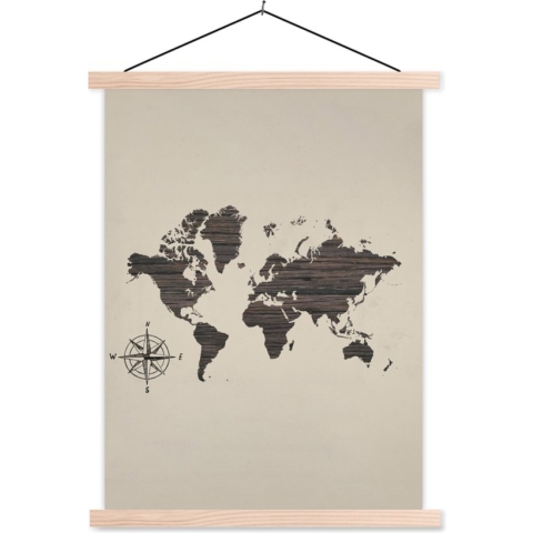 Wanddecoratie - Wereldkaart - Hout - Vintage - Schoolplaat - 120x160 cm - Textielposter - Textiel poster