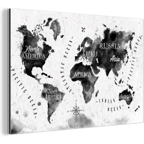 Wanddecoratie Metaal - Aluminium Schilderij Industrieel - Wereldkaart - Waterverf - Zwart - Wit - 120x80 cm - Dibond - Foto op aluminium - Industriële muurdecoratie - Voor de woonkamer/slaapkamer