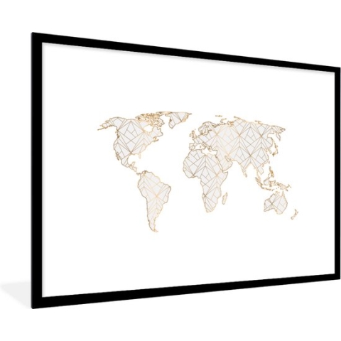Fotolijst incl. Poster - Wereldkaart - Goud - Grijs - Kinderen - Jongens - Meisjes - 90x60 cm - Posterlijst