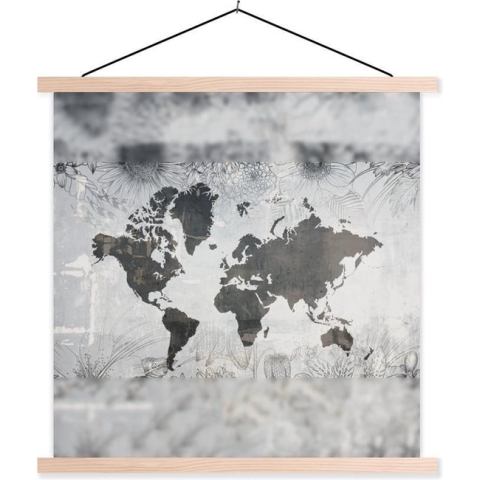 Posterhanger incl. Poster - Schoolplaat - Wereldkaart - Planten - Grijs - 120x120 cm - Blanke latten