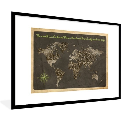 Fotolijst incl. Poster - Wereldkaart - Quote - Boeken - 90x60 cm - Posterlijst