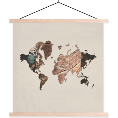 Posterhanger incl. Poster - Schoolplaat - Wereldkaart - Simpel - Hout - 120x120 cm - Blanke latten