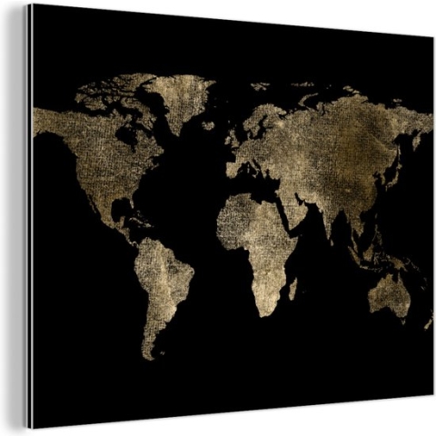 Wanddecoratie Metaal - Aluminium Schilderij Industrieel - Wereldkaart - Goud - Zwart - Aarde - Luxe - 80x60 cm - Dibond - Foto op aluminium - Industriële muurdecoratie - Voor de woonkamer/slaapkamer