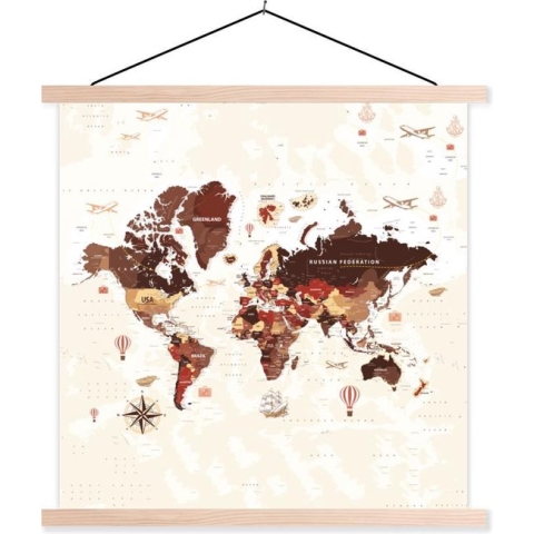 Posterhanger incl. Poster - Schoolplaat - Wereldkaart - Bruin - Vliegtuig - 120x120 cm - Blanke latten