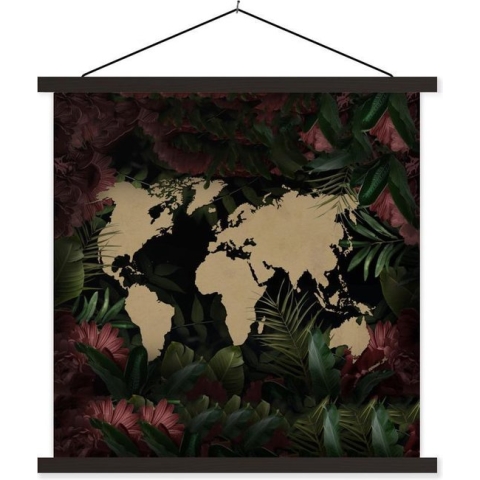 Posterhanger incl. Poster - Schoolplaat - Wereldkaart - Bloemen - Roze - 120x120 cm - Zwarte latten