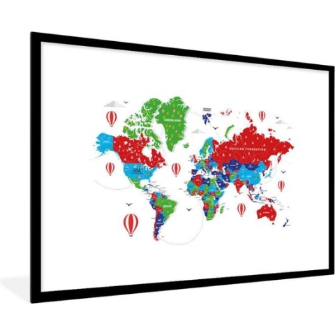 Fotolijst incl. Poster - Wereldkaart - Kleuren - Luchtballon - 90x60 cm - Posterlijst