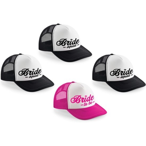 Vrijgezellenfeest dames petjes sierlijk - 1x Bride to Be roze + 7x Bride Squad zwart - Vrijgezellen vrouw accessoires/ artikelen