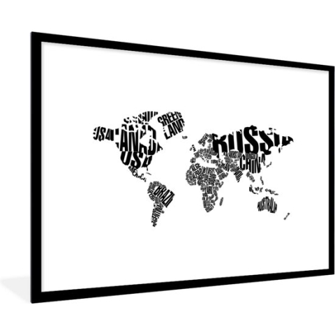 Fotolijst incl. Poster - Wereldkaart - Zwart - Wit - Woorden - Kind - Jongen - Meisje - 90x60 cm - Posterlijst