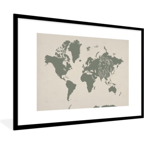 Fotolijst incl. Poster - Wereldkaart - Dieren - Leeuw - 90x60 cm - Posterlijst