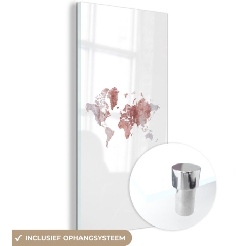 MuchoWow® Glasschilderij - Wereldkaart - Roze - Verf - 60x120 cm - Acrylglas Schilderijen - Foto op Glas
