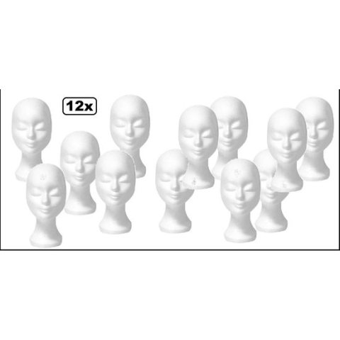 12x Pruiken houder tempex wit (styropor) - pruik hoofd thema feest festival schuim masker hoed