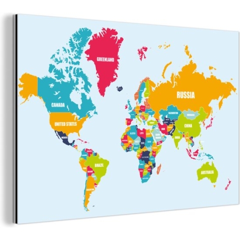 Wanddecoratie Metaal - Aluminium Schilderij Industrieel - Wereldkaart - Kleuren - Letters - Kinderen - Jongens - Meisjes - 150x100 cm - Dibond - Foto op aluminium - Industriële muurdecoratie - Voor de woonkamer/slaapkamer