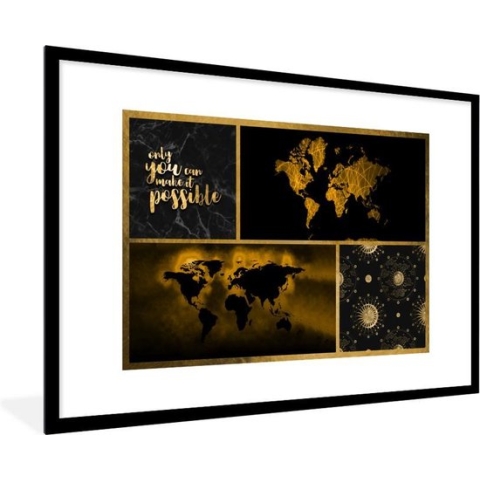 Fotolijst incl. Poster - Wereldkaart - - Luxe - Goud - 90x60 cm - Posterlijst