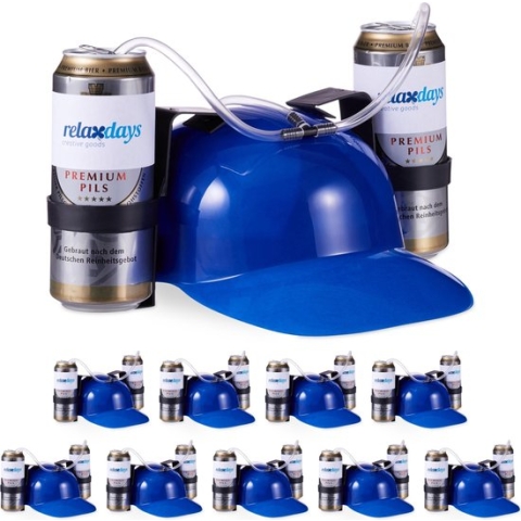 Relaxdays 10 x drinkhelm voor 2 blikjes - blauw- bierhelm - helm met slang - zuiphelm