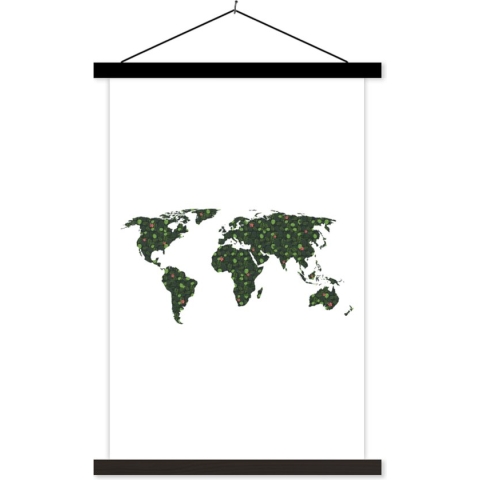 Wanddecoratie - Wereldkaart - Planten - Tropisch - Schoolplaat - 120x180 cm - Textielposter - Textiel poster
