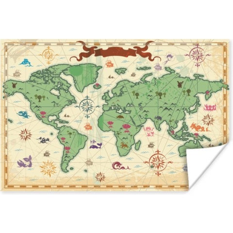 Wereldkaart - Kinderen - Piraten - Vintage - Jongens - Meisjes - Kids - 180x120 cm - Poster - Poster Kinderkamer