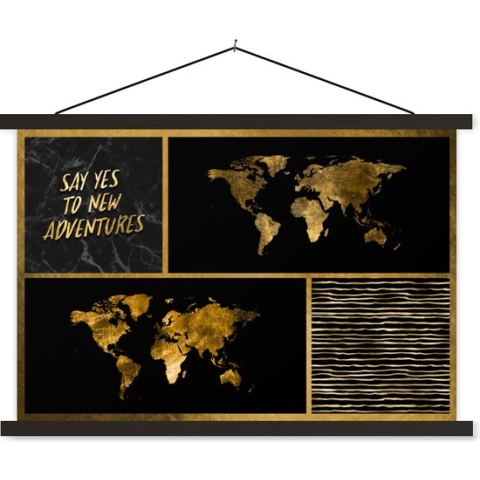 Wanddecoratie - Wereldkaart - Collage - Spreuken - Goud - Schoolplaat - 150x100 cm - Textielposter - Textiel poster