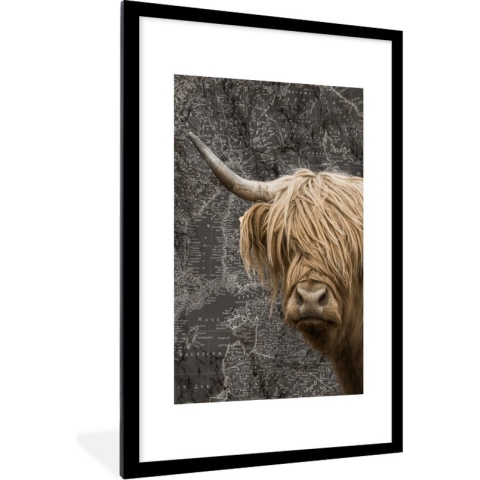 Fotolijst incl. Poster - Schotse hooglander - Koeien - Wereldkaart - 80x120 cm - Posterlijst