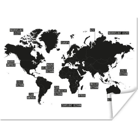 Poster Wereldkaart - Zwart - Wit - 160x120 cm XXL