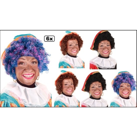 6x Mix Luxe Pieten pruik kroes bruin / krul zwart /regenboog - verstelbare kap en wasbaar - Sinterklaas feest thema feest Sint en Piet