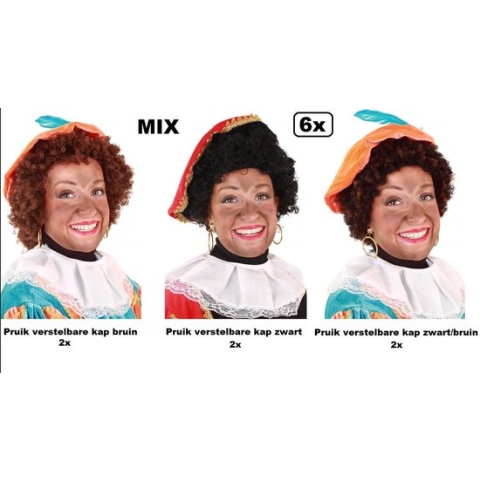 6x Kwaliteit Piet pruik zwart-bruin-zwart/bruin met verstelbare kap - Piet pruiken Sinterklaas feest