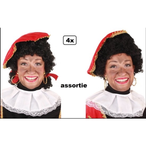 4x Pieten pruik luxe zwart krul en staartjes - verstelbare kap - 2 Assortie - Piet pruik krul luxe zwart Sint themafeest