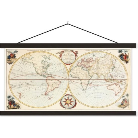 Posterhanger incl. Poster - Schoolplaat - Wereldkaart - Retro - Geschiedenis - 150x75 cm - Zwarte latten