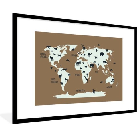 Fotolijst incl. Poster - Wereldkaart - Dieren - Bruin - 90x60 cm - Posterlijst