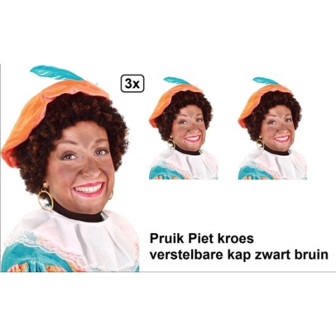 3x Pieten pruik luxe kroes bruin-zwart verstelbare kap - Sinterklaas feest thema feest Sint en Piet