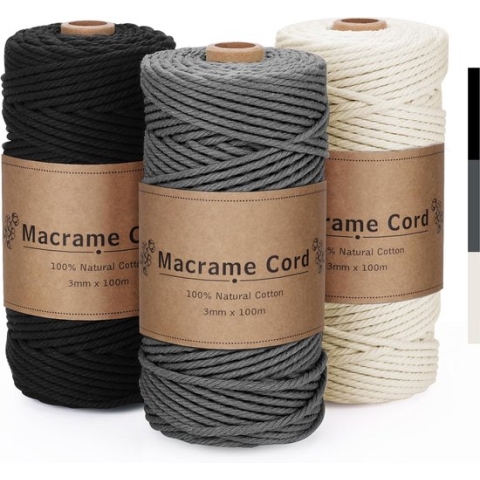 Macramégaren 3 mm x 100 m, macramégaren set, grijs, beige, zwart, macramé katoenen garen, 3 mm, natuurlijk katoenen koord, 3 mm, katoenen knutselkoord voor knutselen, breien, bohodecoratie,
