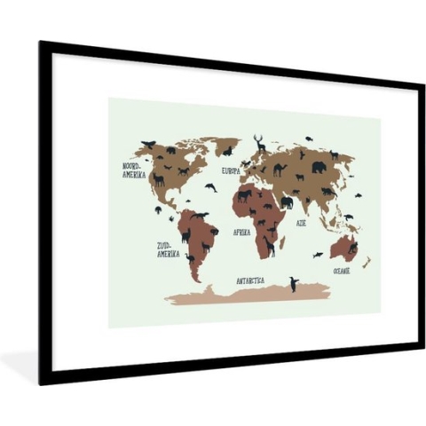 Wereldkaart Kinderen - Dieren - Bruin - Schoolplaat - Kinderkamer - 90x60 cm