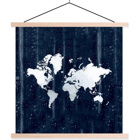 Posterhanger incl. Poster - Schoolplaat - Wereldkaart - Blauw - Sterrenhemel - 120x120 cm - Blanke latten